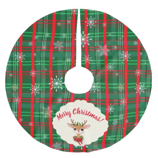 グリーン&レッドプレイドスノーフレークヴィンテージトナカイ ブラッシュドポリエステルツリースカート (正面)