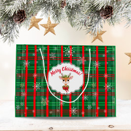 グリーン&レッドプレイドスノーフレークヴィンテージトナカイ ラージペーパーバッグ