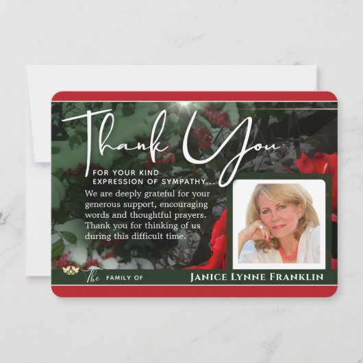 グリーン&レッドホリデーフォト悔やみや弔慰サンキューカード 招待状 (正面)