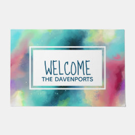 グリーン&レッドモダン宇宙ネブラウォーターカラーウェルカム ドアマット