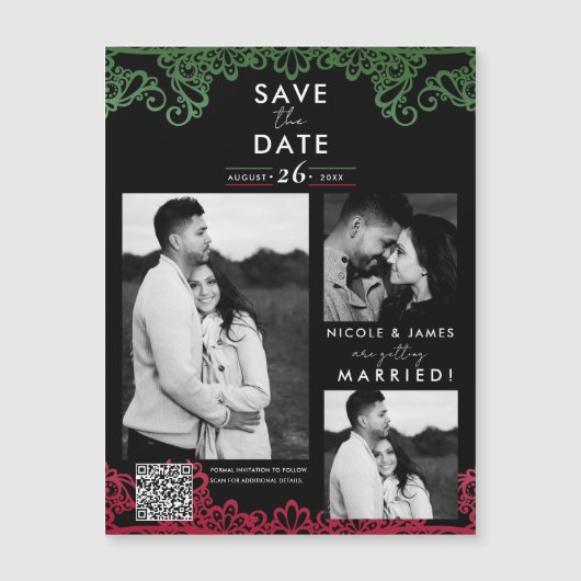 グリーン&レッドレースフィエスタウェディング日付を保存 (正面)