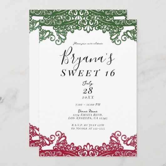 グリーン&レッドレースフィエレガントエスタスイーツ16パーティー 招待状 (正面/裏面)