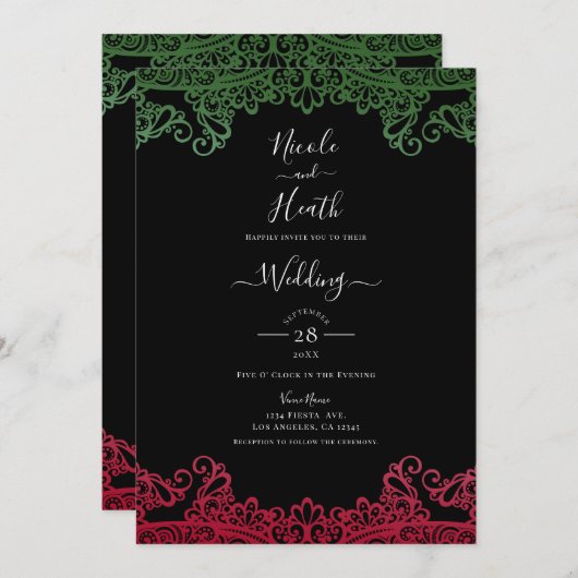 グリーン&レッドレースフィエレガントエスタブラック結婚ズ 招待状 (正面/裏面)