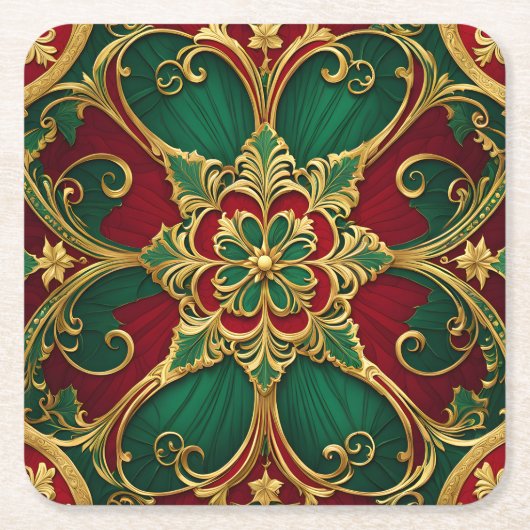 グリーン レッド クリスマス ホリデー ペーパー コースター (正面)