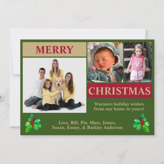 グリーン、レッド＆ゴールドのモダンな3枚写真クリスマスカード シーズンカード (正面)