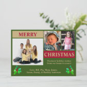 グリーン、レッド＆ゴールドのモダンな3枚写真クリスマスカード シーズンカード (スタンド正面)