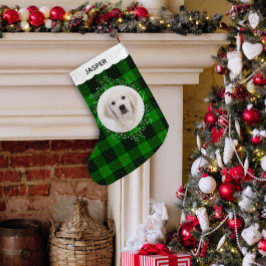 グリーン+レッド+タータン+チェックの冬リースのペット犬の写真 スモールクリスマスストッキング