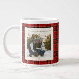 グリーン+レッド+チェック柄+モノグラム+2枚の写真のラスティッククリスマス ジャンボコーヒーマグカップ