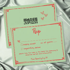 グリーン レッド ハンドドローンハート 遊び心のある結婚式QR 出欠カード