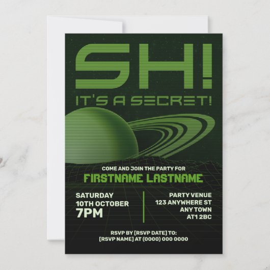 グリーン・レトロウェーブ・サプライズバースデーパーティー招待状 招待状 (正面)