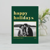 グリーン レトロ ボールド タイポグラフィー フォト ハッピー ホリデーズ 箔シーズンカード (立ち正面)