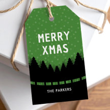 グリーン レトロ メリークリスマス　松の木と雪のあるデザイン