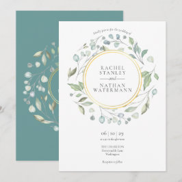 グリーン・ローレル・ガーランド ゴールド ジオメトリック ウェディング 招待状