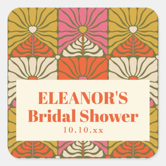 グリーン ヴィンテージ オレンジ フラワーブライダルシャワーフェイバー スクエアシール (正面)