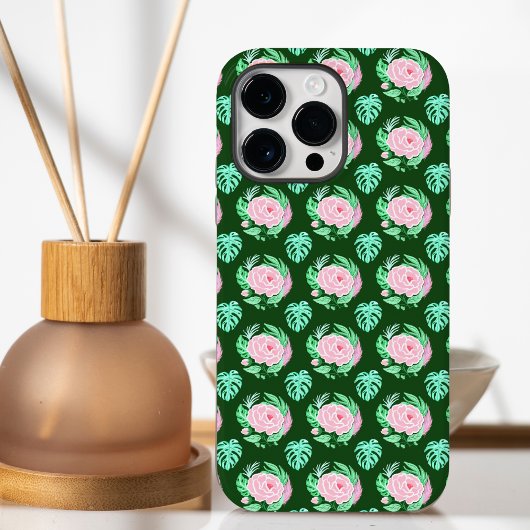 グリーン ヴィンテージ ローズ モンステラ フェザー パターン Case-Mate iPhoneケース