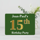 グリーン、偽のゴールドの15歳の誕生日パーティー + オーダーメイドの名前 招待状 (スタンド正面)