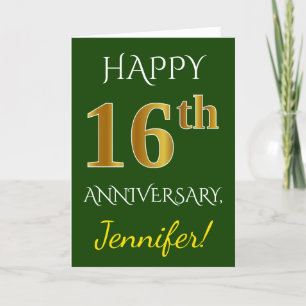 グリーン、偽のゴールド 16周年結婚記念日 + 名前 カード