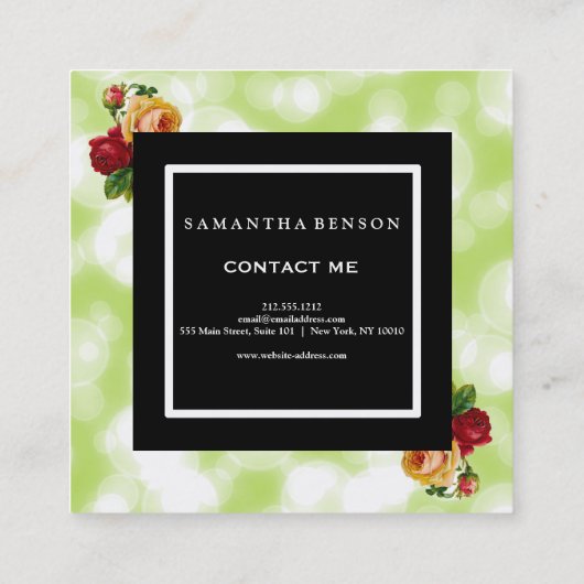 グリーン《写真》ぼけ味グリッタースパークルズフローラメイクアップアーティスト スクエア名刺 (裏面)