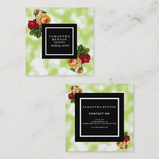 グリーン《写真》ぼけ味グリッタースパークルズフローラメイクアップアーティスト スクエア名刺 (正面/裏面)