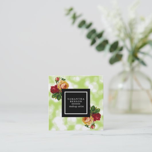 グリーン《写真》ぼけ味グリッタースパークルズフローラメイクアップアーティスト スクエア名刺 (スタンド正面)