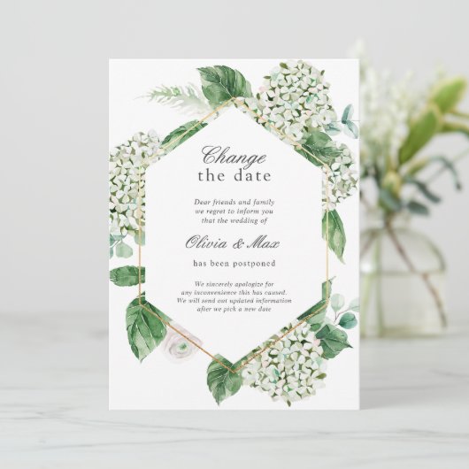 グリーン 変更日 結婚式延期のお知らせ 招待状 (スタンド正面)