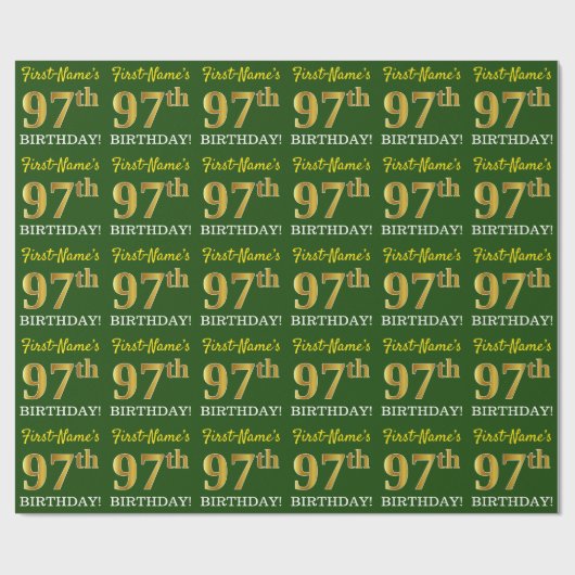 グリーン、模倣金ゴールドルック"97誕生日" ラッピングペーパー (フラット)
