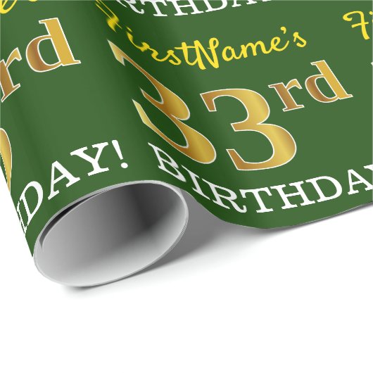 グリーン、模造金ゴールドルック"33誕生日" ラッピングペーパー (ロールコーナー)