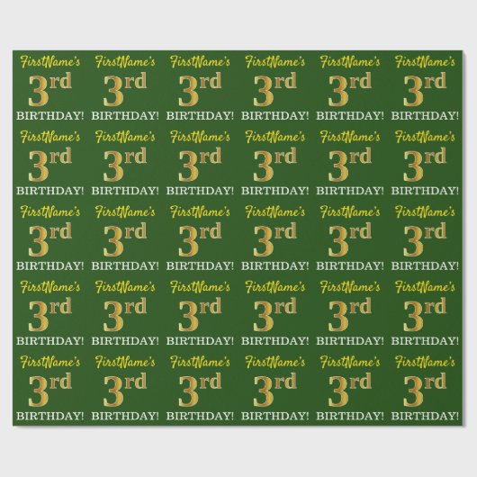 グリーン、模造金ゴールドルック"3rd BIRTHDAY" ラッピングペーパー (フラット)