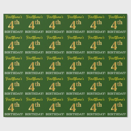 グリーン、模造金ゴールドルック"4th BIRTHDAY" ラッピングペーパー (フラット)