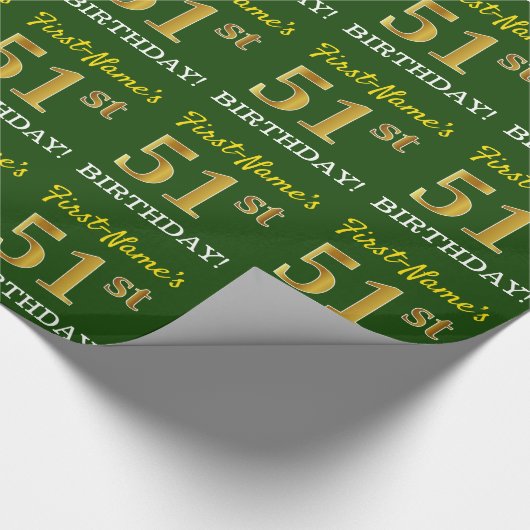 グリーン、模造金ゴールドルック"51誕生日" ラッピングペーパー (角)