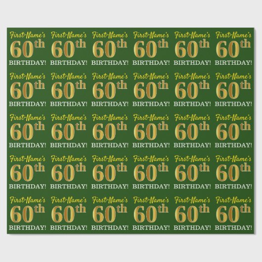 グリーン、模造金ゴールドルック"60誕生日" ラッピングペーパー (フラット)