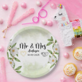 グリーン+水彩+フラワー+Mr+andMrs+ウエディング ペーパープレート (パーティー)