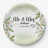 グリーン+水彩+フラワー+Mr+andMrs+ウエディング ペーパープレート (正面)