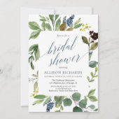 グリーン 緑のユーカリの葉 ダスティーブルー ブライダル 招待状 (正面)