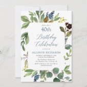 グリーン 緑の葉 ダスティーブルー 花 誕生日 招待状 (正面)
