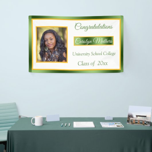 グリーン&金ゴールドおめでとうカスタム写真 横断幕 (トレードショー)