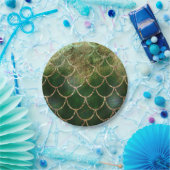 グリーン&金ゴールドきらめくマーメイドフィッシュはかりで測 ペーパープレート (パーティー)