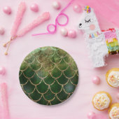 グリーン&金ゴールドきらめくマーメイドフィッシュはかりで測 ペーパープレート (パーティー)