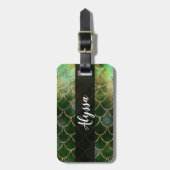 グリーン&金ゴールドきらめくマーメイドフィッシュはかりで測 ラゲッジタグ (正面縦)