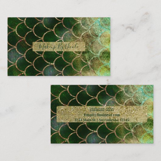 グリーン&金ゴールドきらめくマーメイドフィッシュはかりで測 名刺 (正面/裏面)