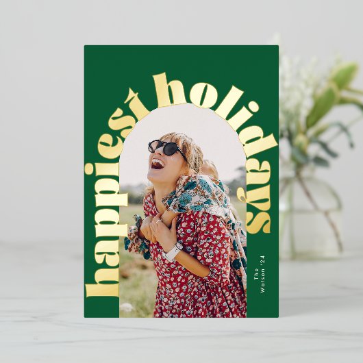 グリーン&金ゴールドはっきりしたタイポグラフィオーバル写真クリスマス 箔シーズンカード (立ち正面)
