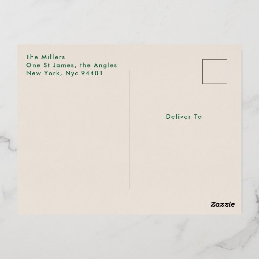 グリーン&金ゴールドはっきりしたタイポグラフィオーバル写真クリスマス 箔シーズンポストカード (裏面)