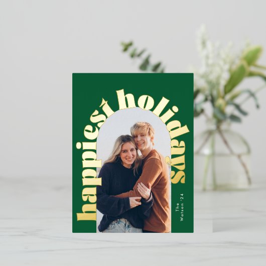 グリーン&金ゴールドはっきりしたタイポグラフィオーバル写真クリスマス 箔シーズンポストカード (立ち正面)