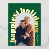 グリーン&金ゴールドはっきりしたタイポグラフィオーバル写真クリスマス 箔シーズンポストカード (正面)