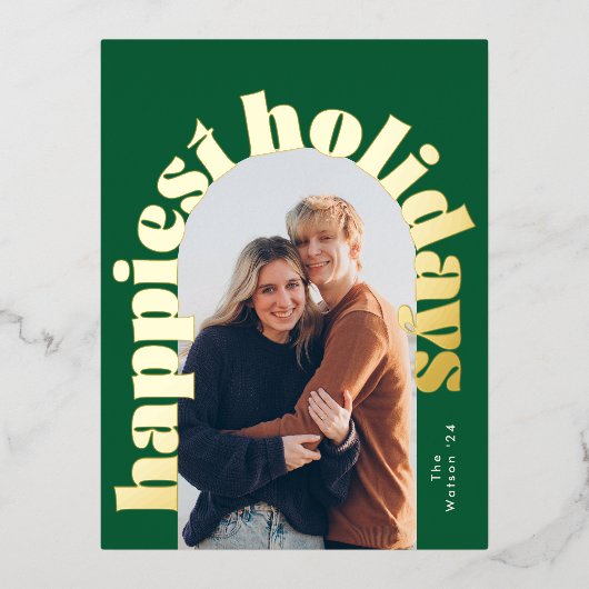 グリーン&金ゴールドはっきりしたタイポグラフィオーバル写真クリスマス 箔シーズンポストカード (正面)
