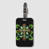 グリーン&金ゴールドアイリッシュケルトのクロス&リボン ラゲッジタグ (正面縦)