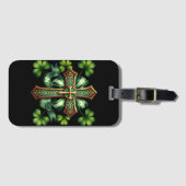 グリーン&金ゴールドアイリッシュケルトのクロス&リボン ラゲッジタグ (正面横)