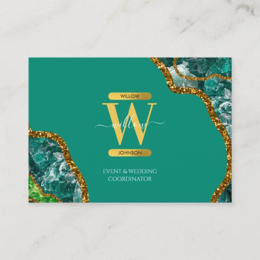 グリーン&金ゴールドアゲートゲードグリッターモノグラムマーブル 名刺 (正面)