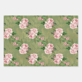 グリーン&金ゴールドウィズピンクローゼ ラッピングペーパーシート