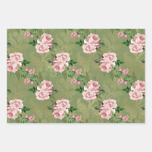 グリーン&金ゴールドウィズピンクローゼ ラッピングペーパーシート (正面)